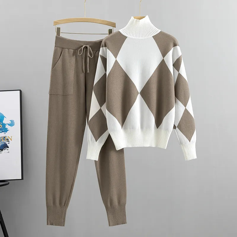 Sweater checked drawstring set for women | Renna -1