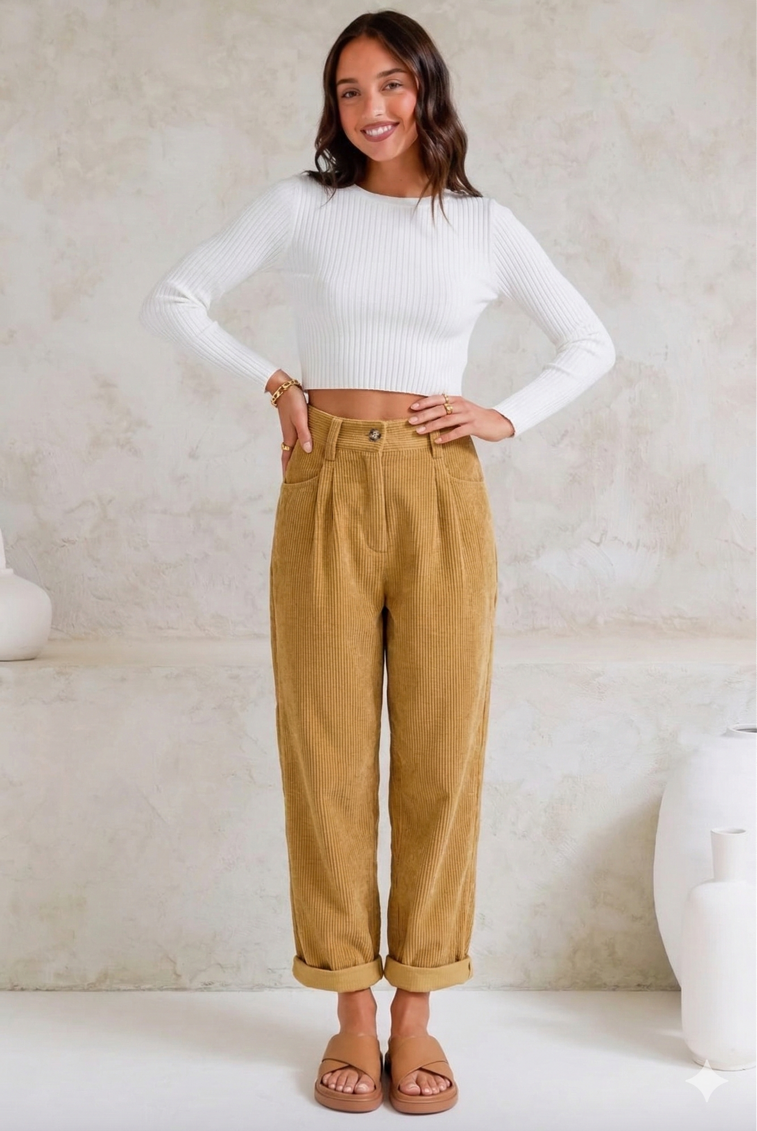 Waist wide-leg corduroy pants for women -1