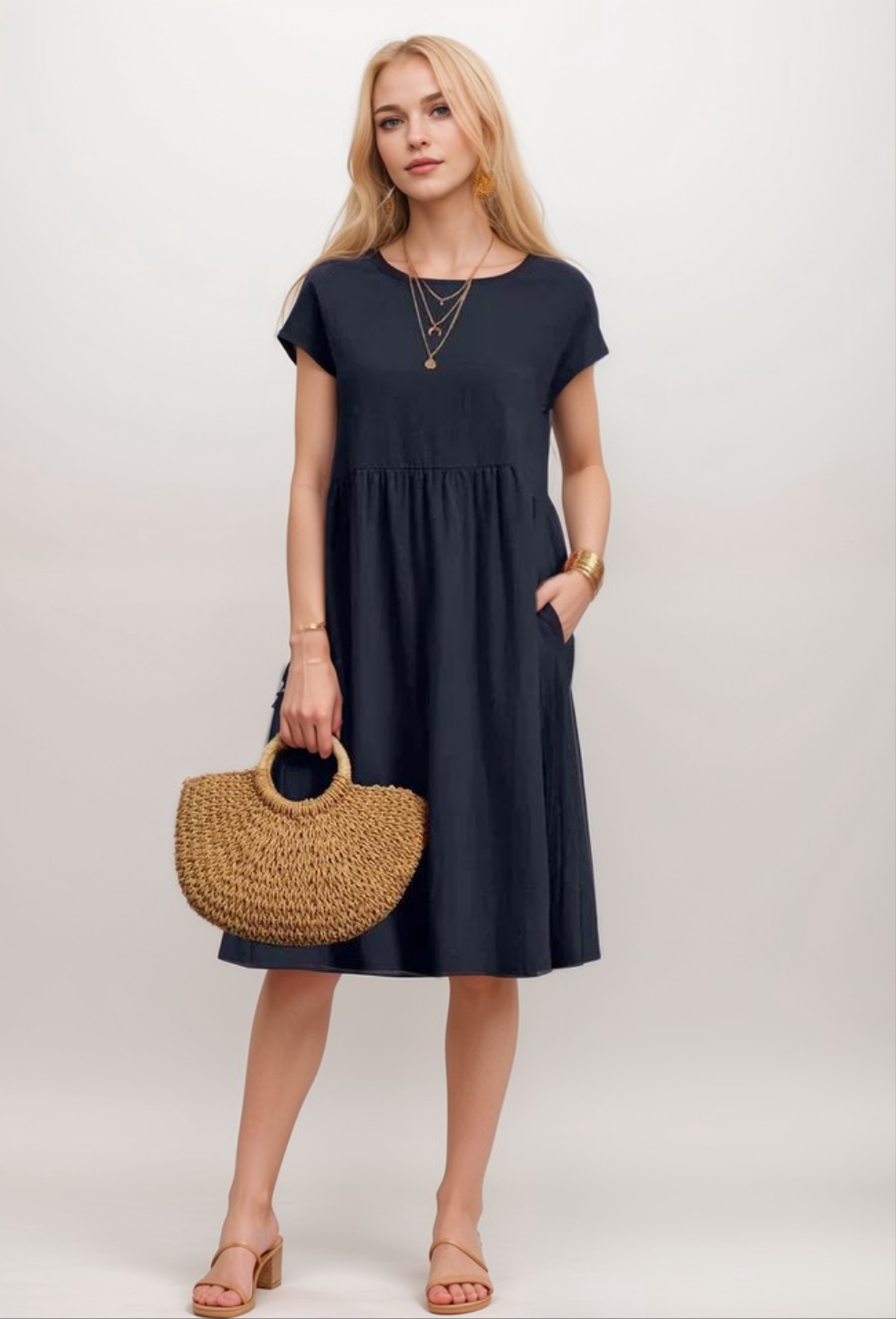 Mi-long casual cotton dress for women | Soline -1