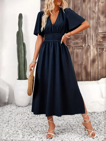 Maxi summer size gathered dress for women | Romane -10
