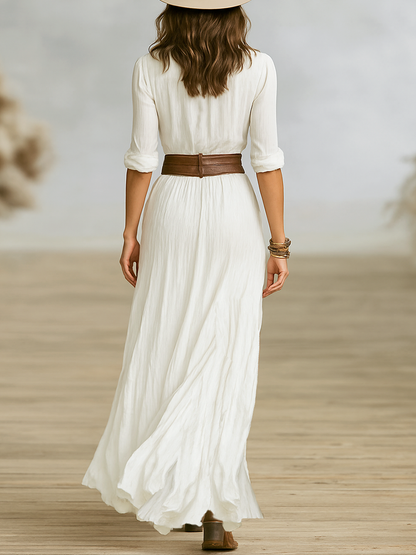 Pleated maxi lapel collar dress for women | Mariselle -5
