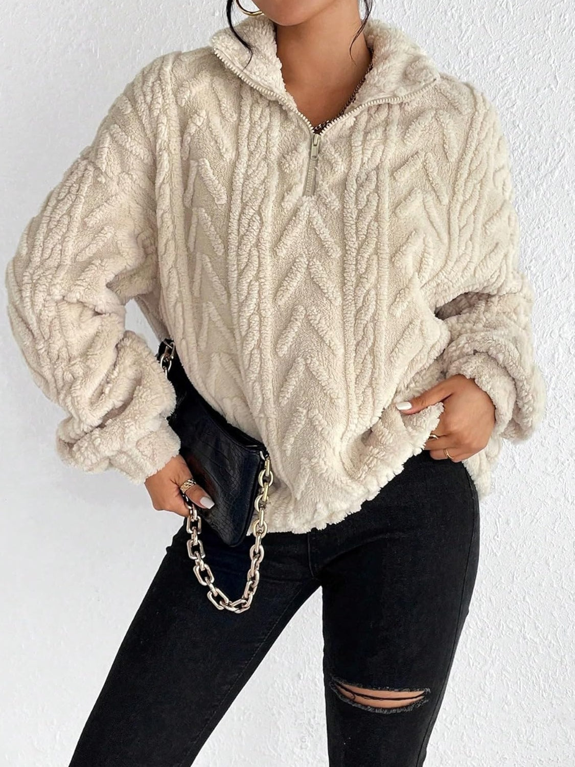 Long-sleeve zip-up fur sweatshirt for women -2
