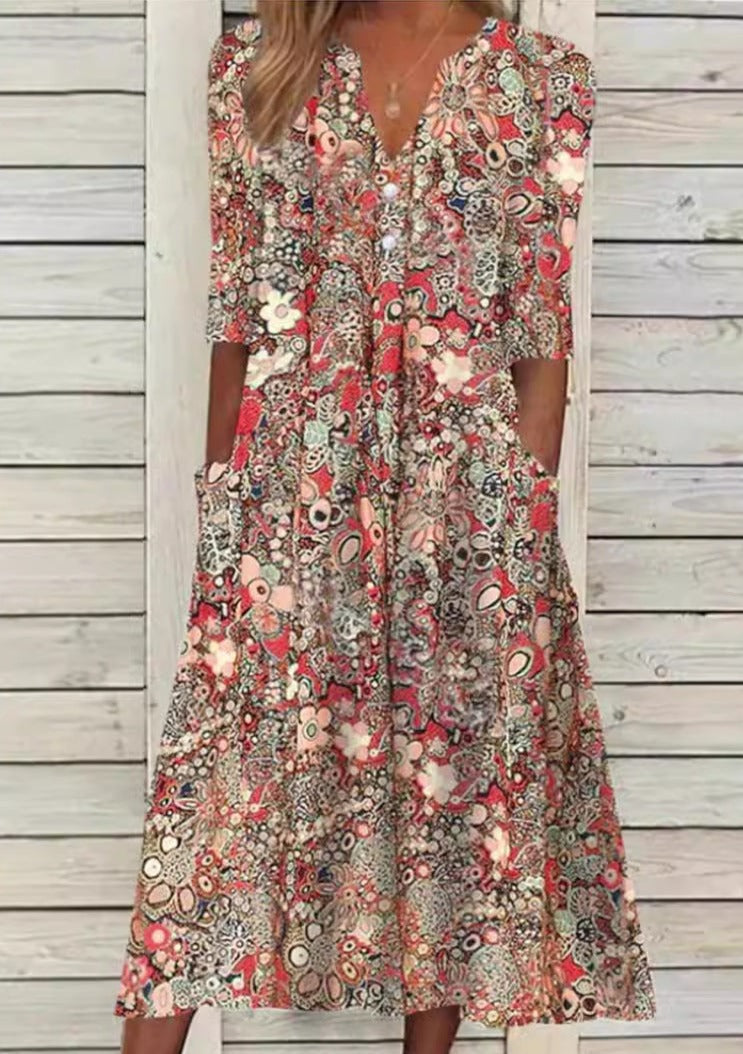 Midi boho printed pockets dress for women | Sabrina -1
