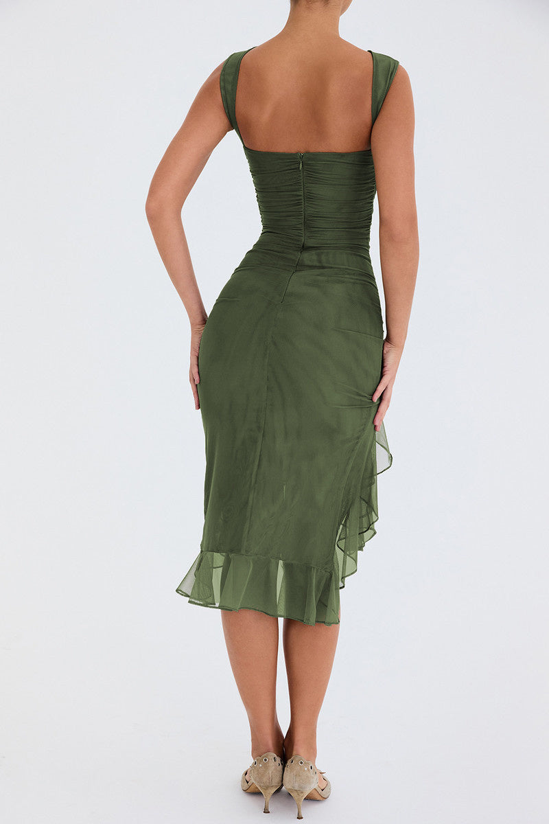 Mi-long elegant gathered ruffled dress for women | Cecilia -3