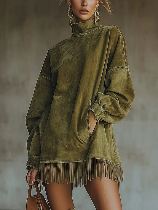 Faux suede fringe hem dress turtleneck for women | Marlowe -1