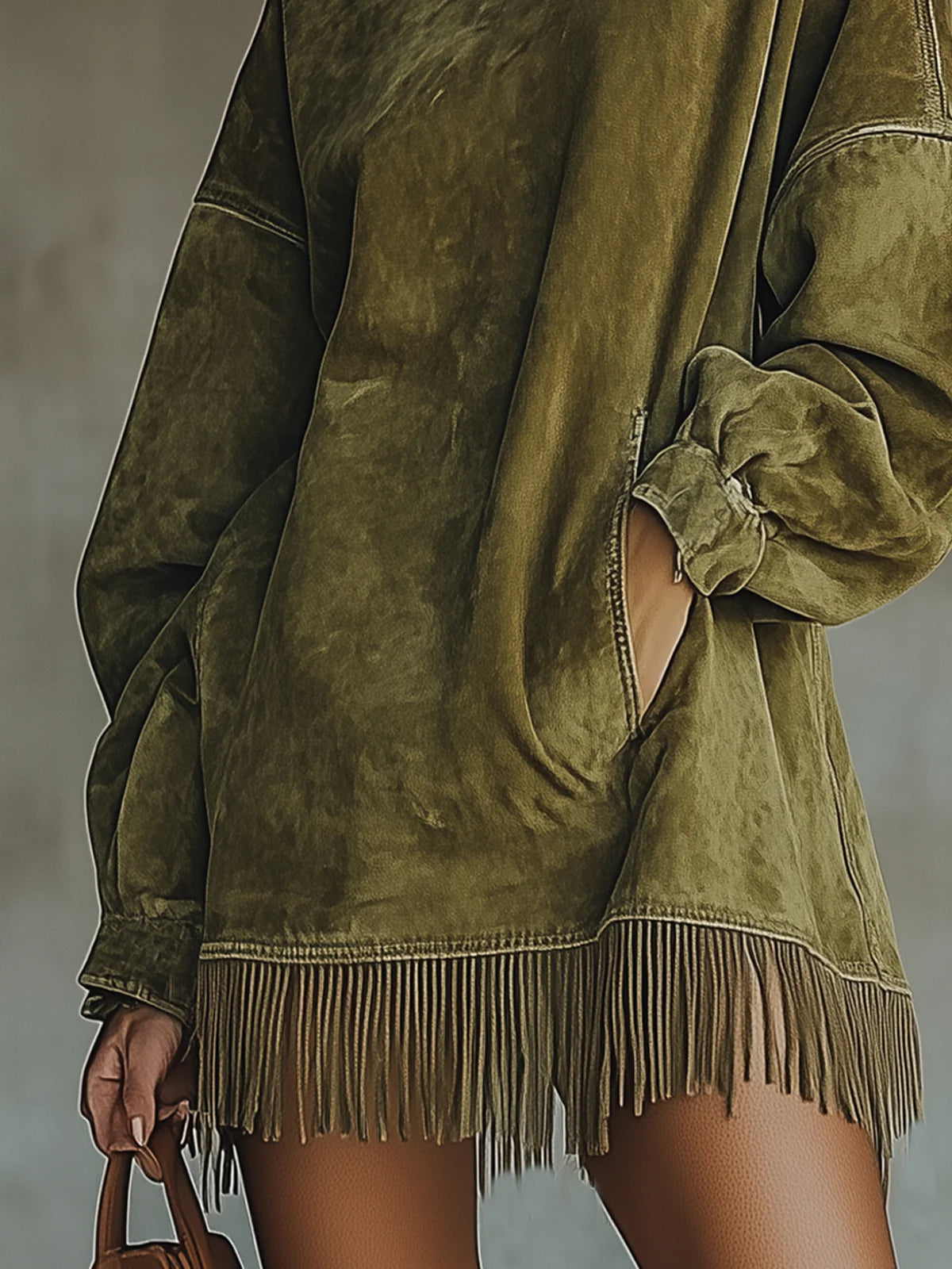 Faux suede fringe hem dress turtleneck for women | Marlowe -5