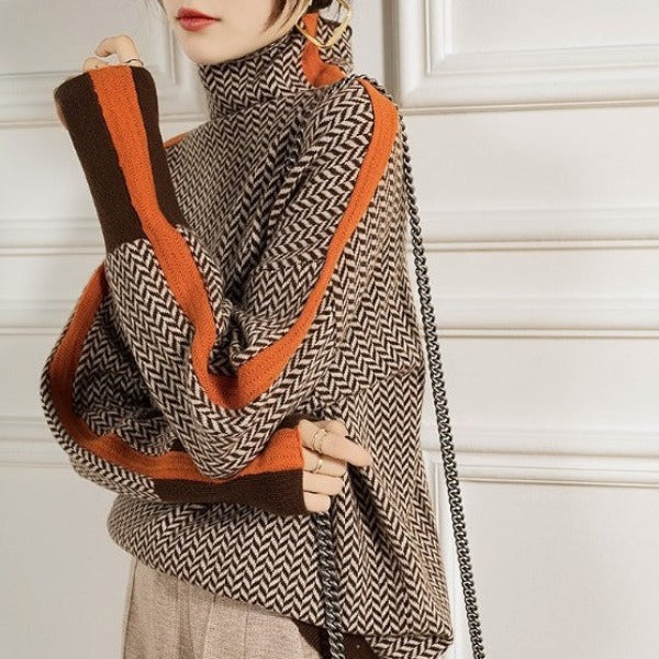 High collar contrasting stripes sweater for women -2