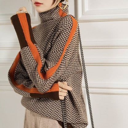 High collar contrasting stripes sweater for women -2