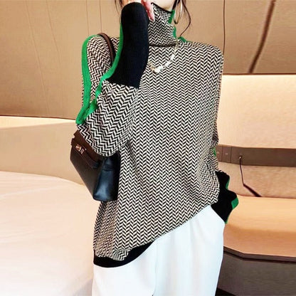 High collar contrasting stripes sweater for women -5