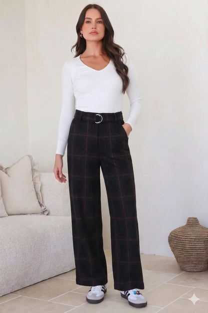 Plaid wide-leg belt accent trousers for women | Ashton -1