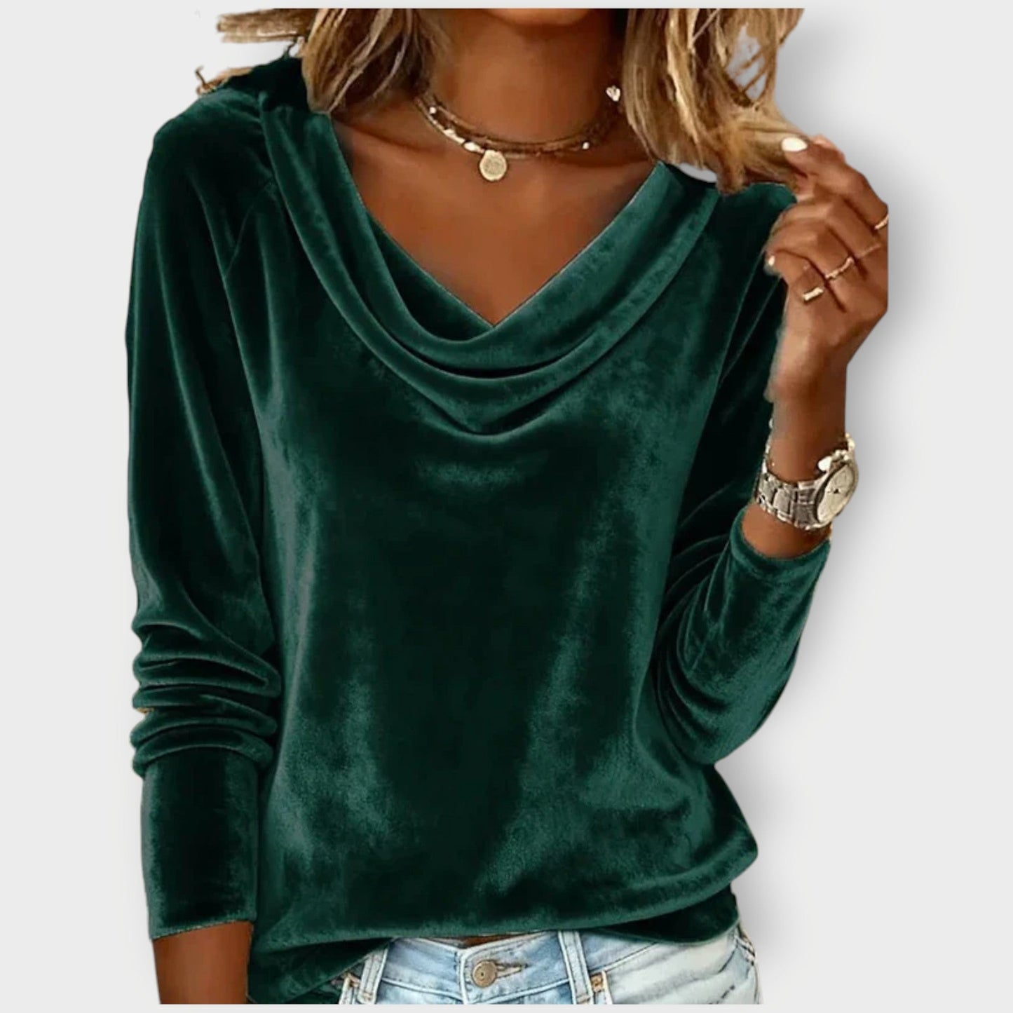 Elegant velvet drape-neck top for women | Margaret -1