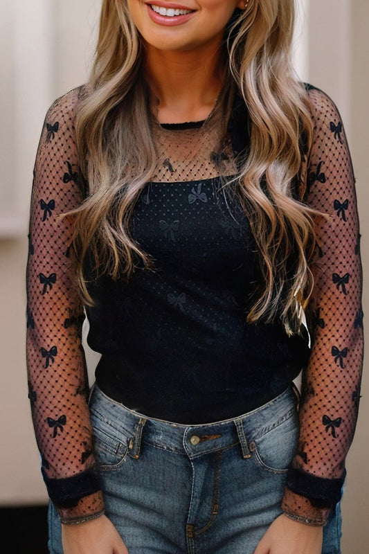 Sheer round neck bow top for women -1