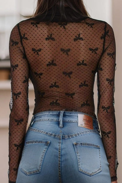 Sheer round neck bow top for women -3