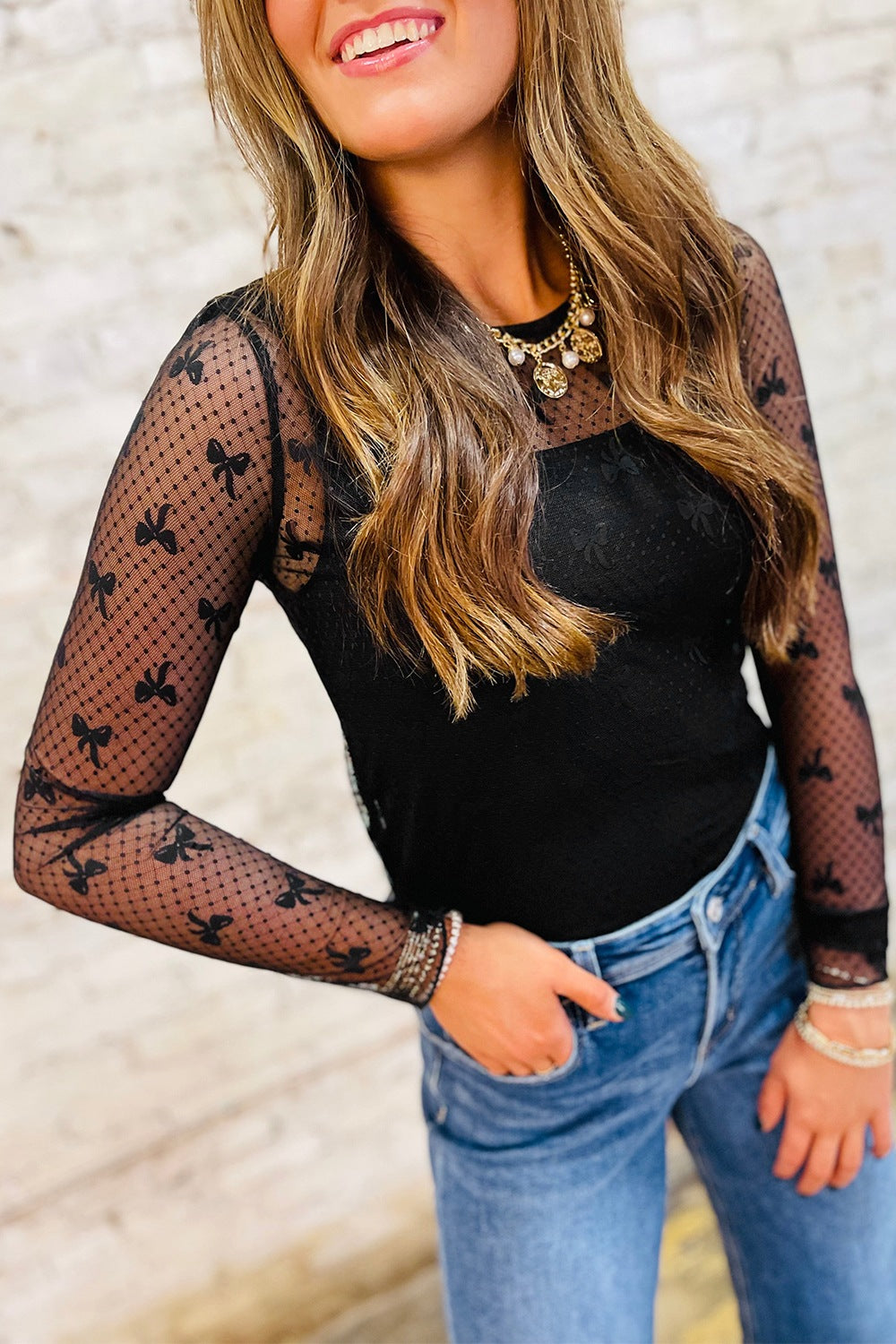 Sheer round neck bow top for women -4