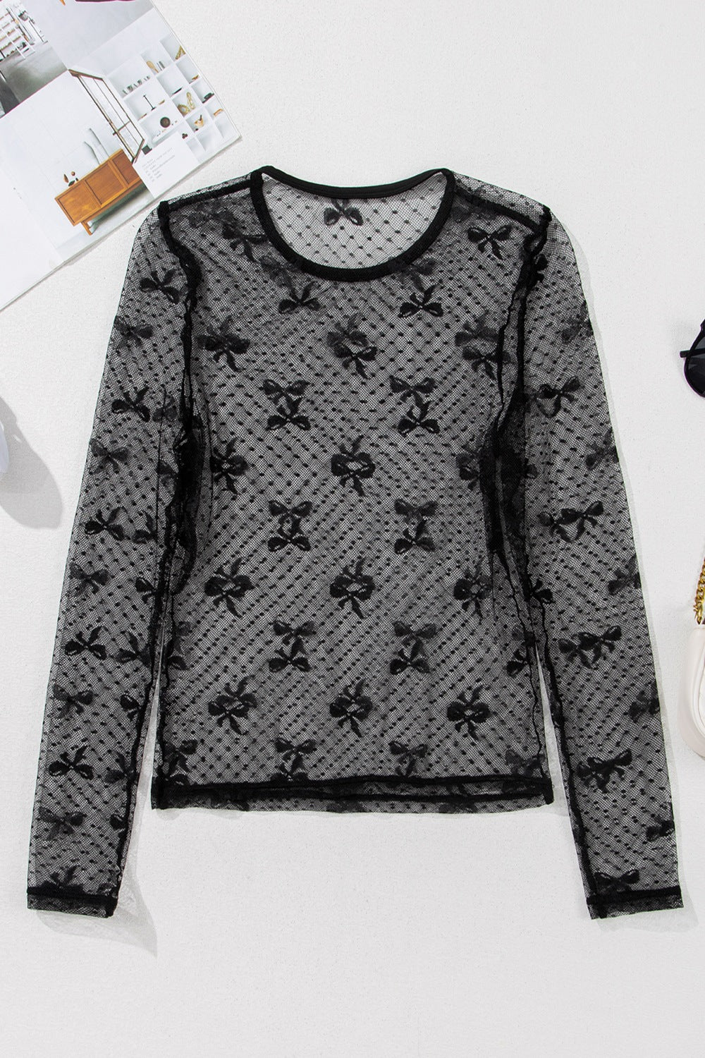 Sheer round neck bow top for women -6