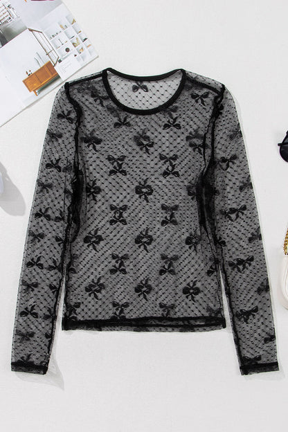 Sheer round neck bow top for women -6