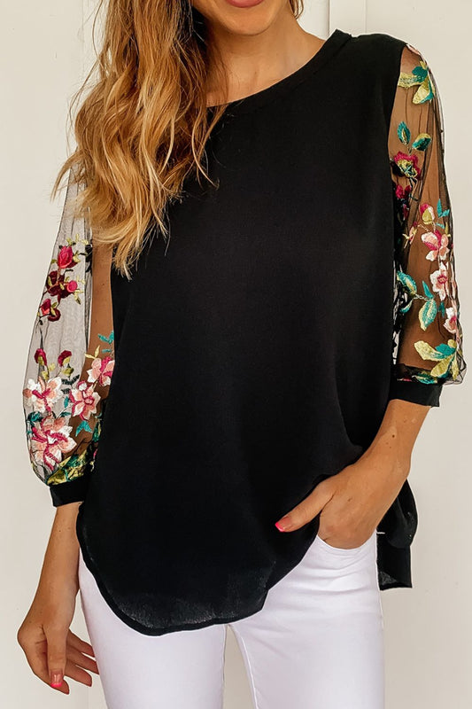 Round neck embroidered sleeves floral blouse for women -1
