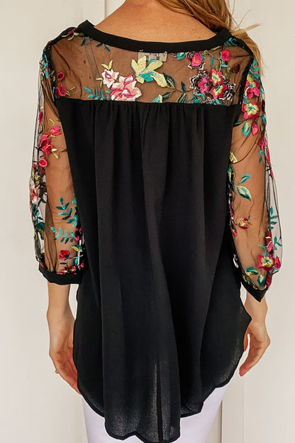Round neck embroidered sleeves floral blouse for women -2