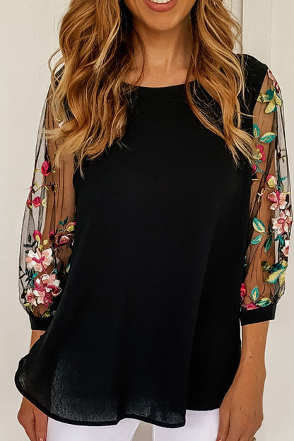 Round neck embroidered sleeves floral blouse for women -3