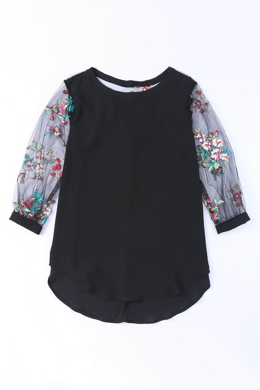 Round neck embroidered sleeves floral blouse for women -4