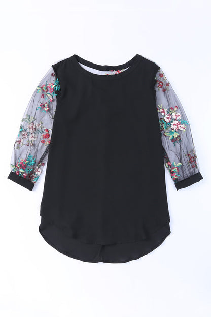 Round neck embroidered sleeves floral blouse for women -4