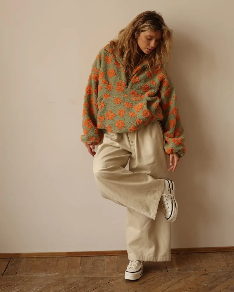 Elegant floral sherpa pullover for women | Elara -8