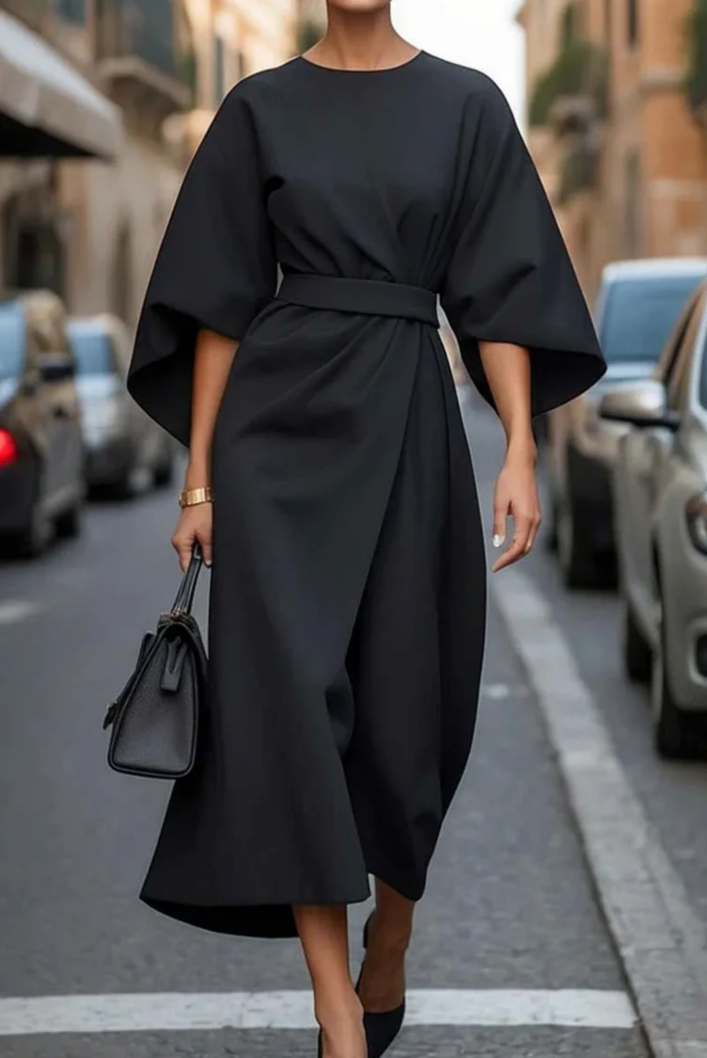 Feminine lantern-sleeve adjustable waist dress for women | Elowen -2