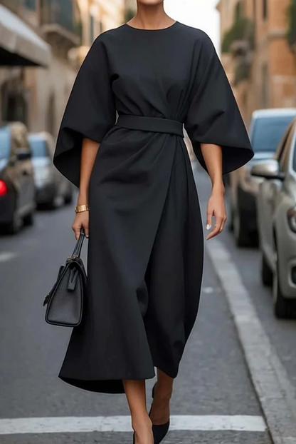 Feminine lantern-sleeve adjustable waist dress for women | Elowen -2
