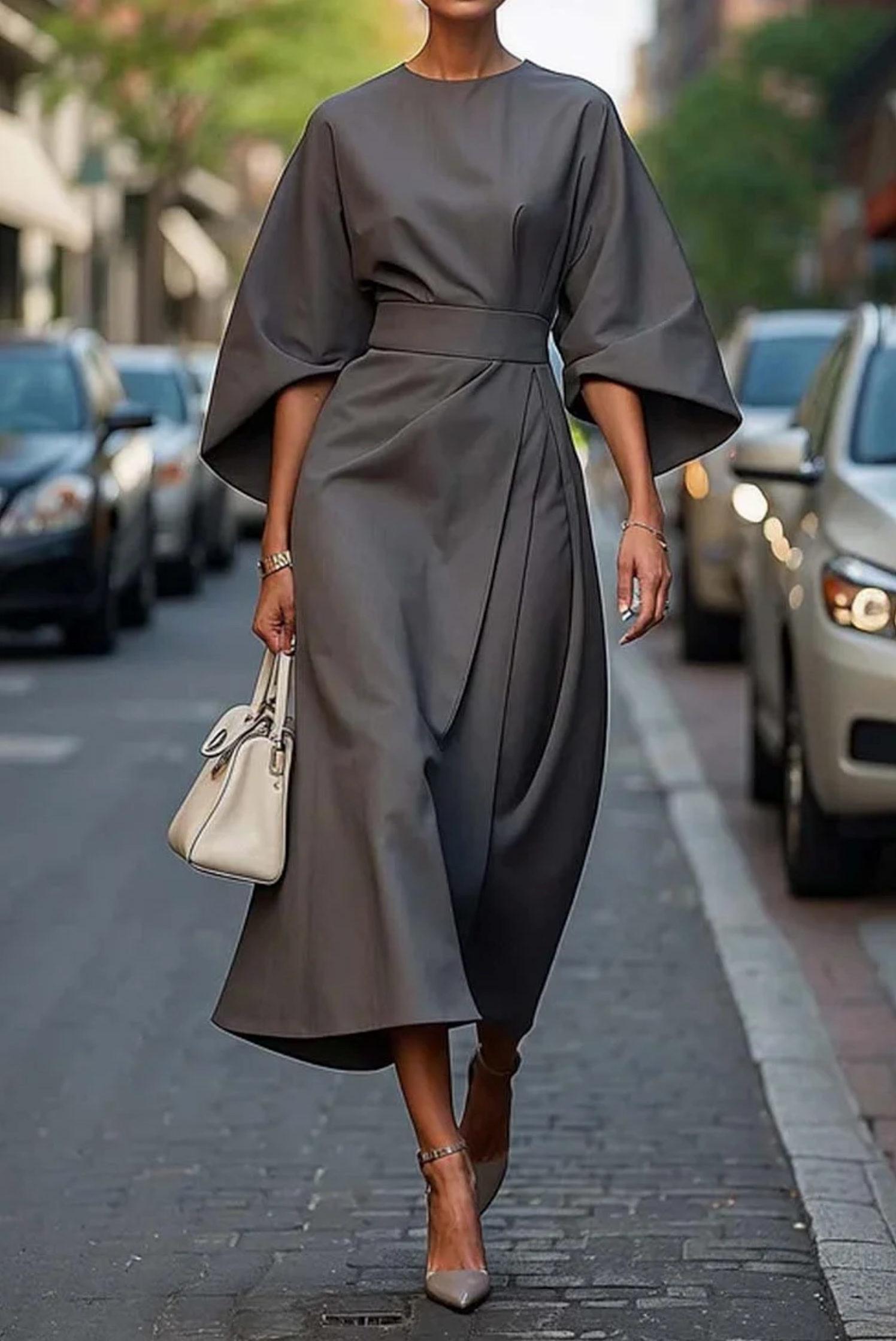 Feminine lantern-sleeve adjustable waist dress for women | Elowen -7