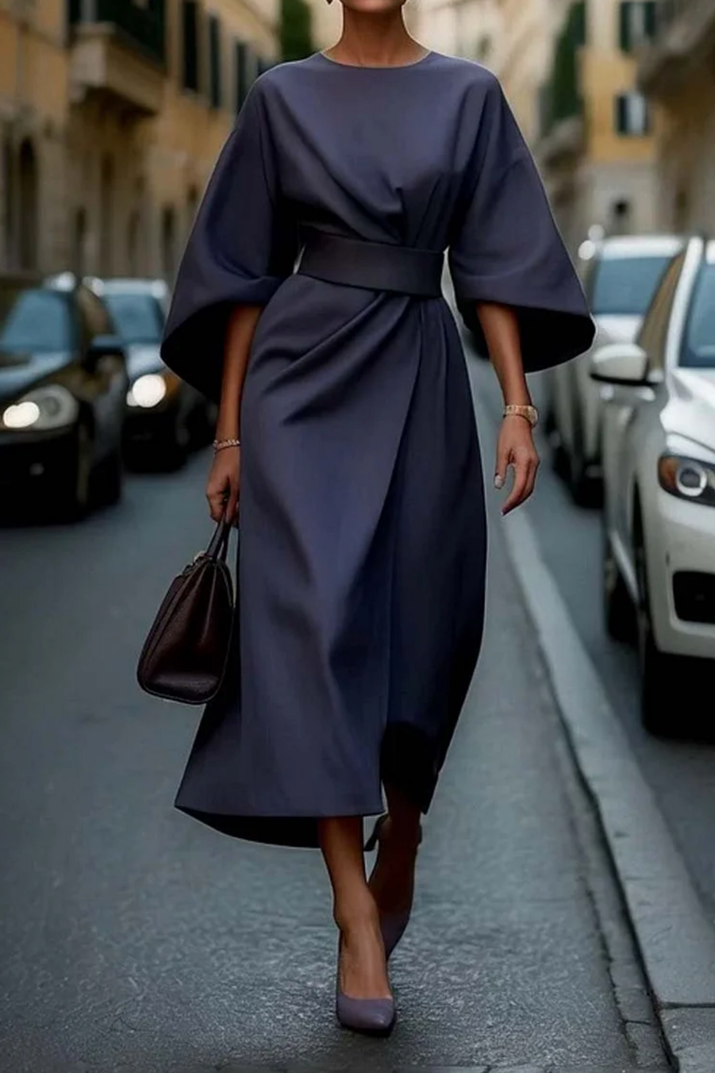 Feminine lantern-sleeve adjustable waist dress for women | Elowen -3