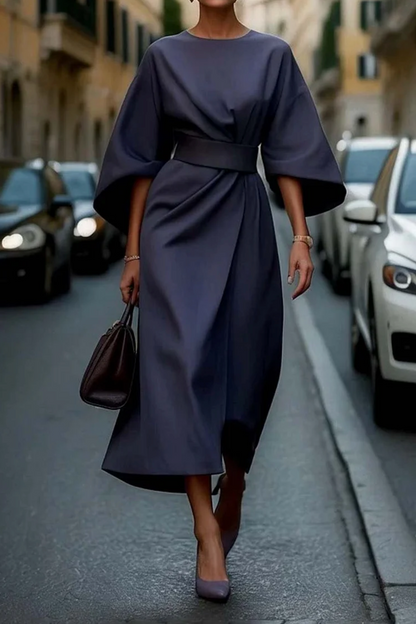 Feminine lantern-sleeve adjustable waist dress for women | Elowen -3