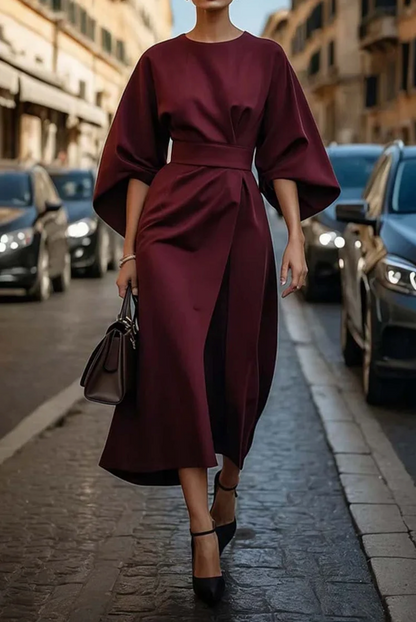 Feminine lantern-sleeve adjustable waist dress for women | Elowen -6