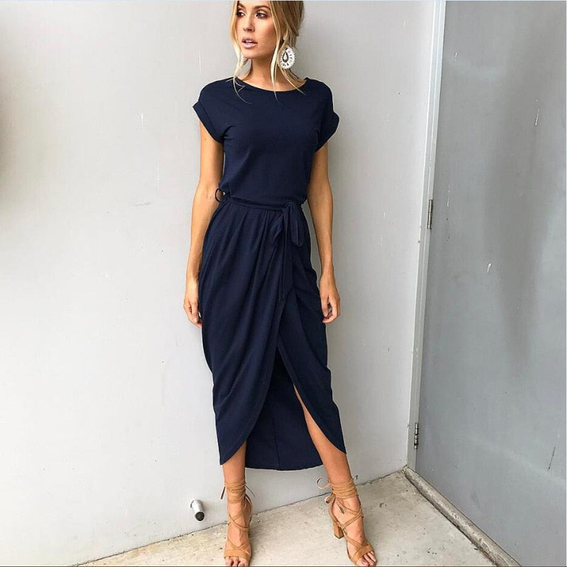 Mi-long slit belt dress for women | Zelie -3