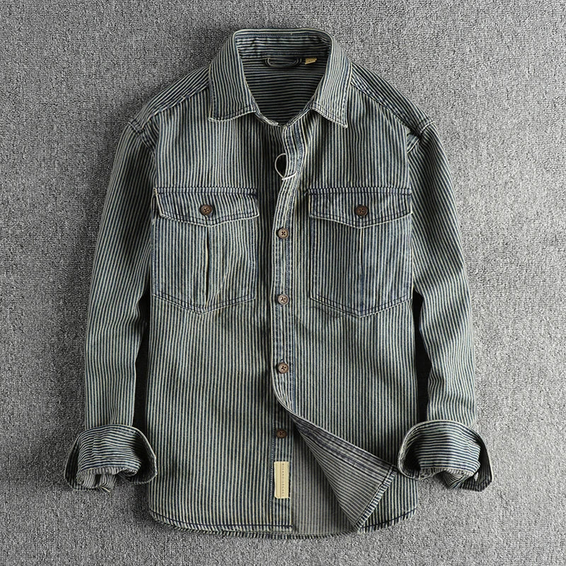 Vintage striped button-up chest pockets shirt for men | Nolan -2