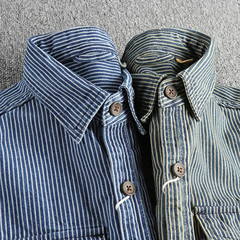 Vintage striped button-up chest pockets shirt for men | Nolan -5