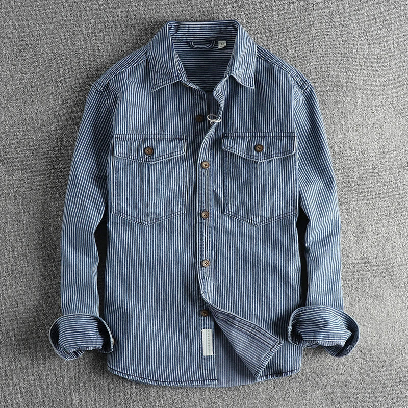 Vintage striped button-up chest pockets shirt for men | Nolan -1