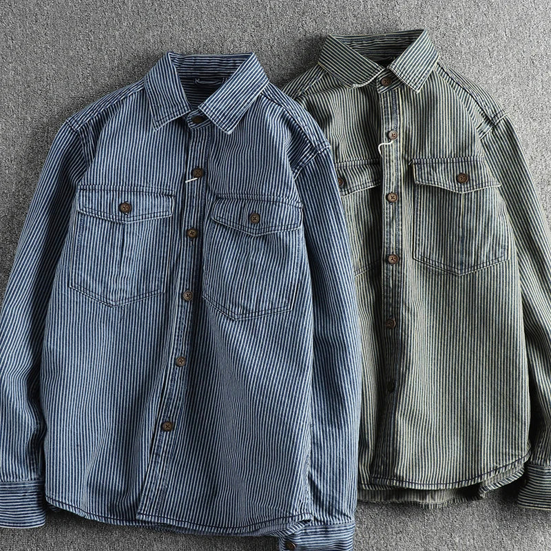 Vintage striped button-up chest pockets shirt for men | Nolan -4