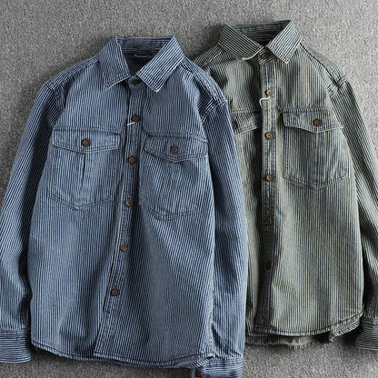 Vintage striped button-up chest pockets shirt for men | Nolan -4