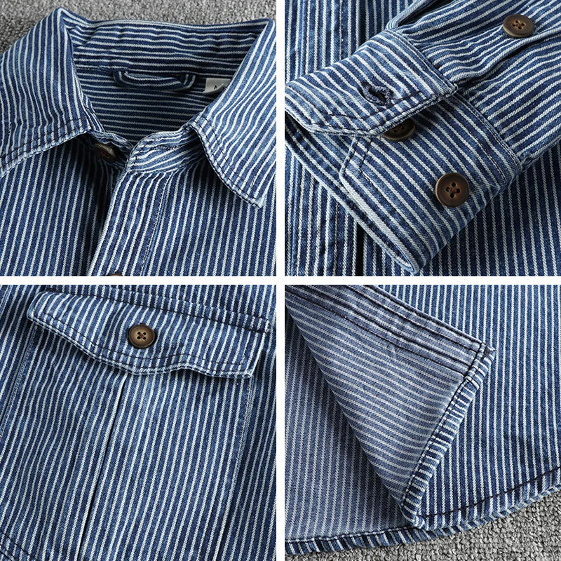 Vintage striped button-up chest pockets shirt for men | Nolan -6