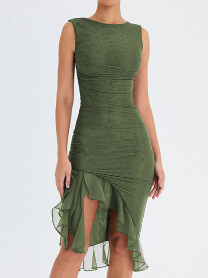 Mi-long elegant gathered ruffled dress for women | Cecilia -2