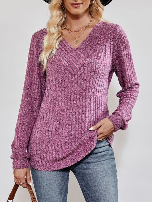 Ribbed long-sleeve V-neck top for women -1
