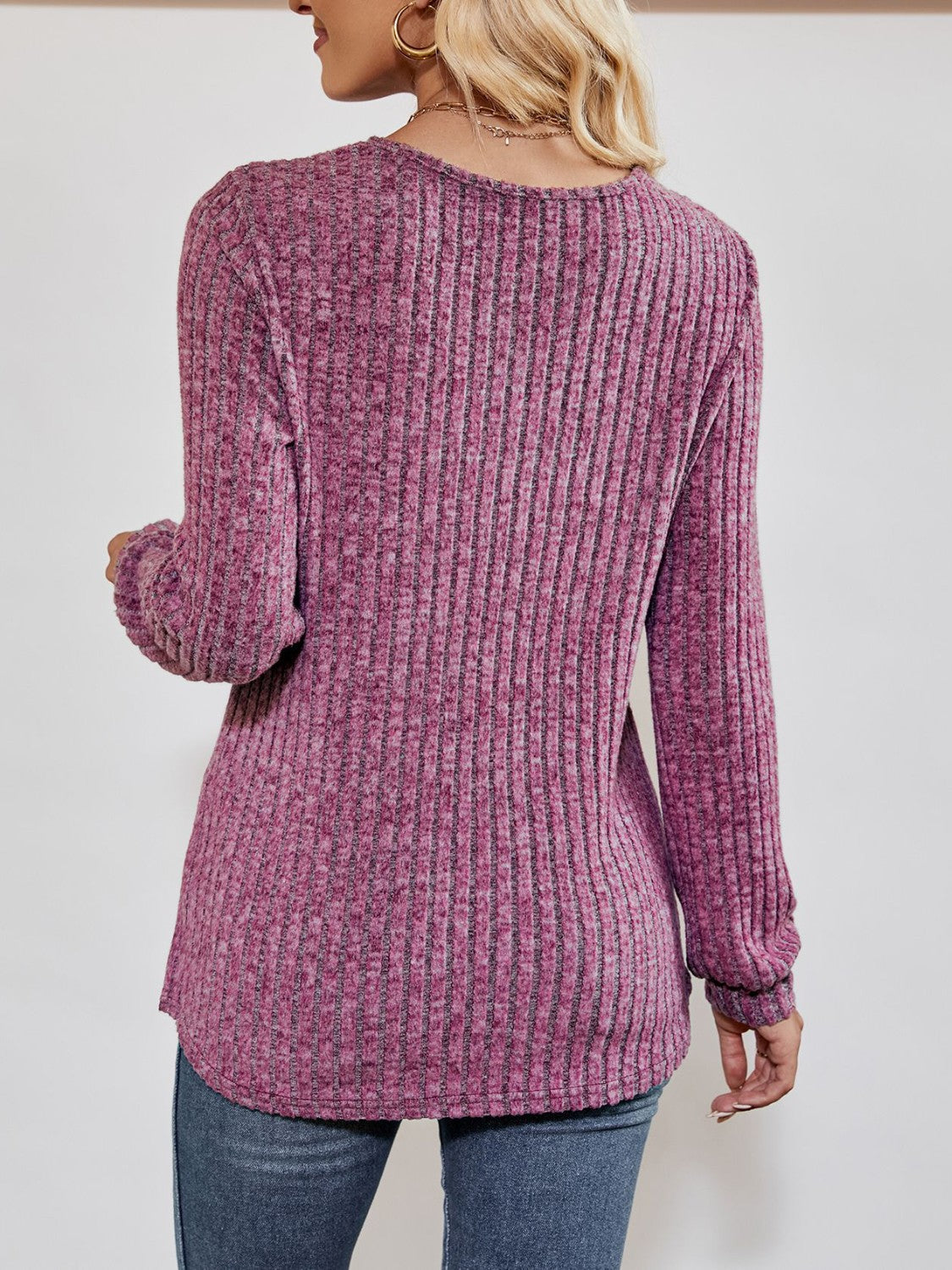 Ribbed long-sleeve V-neck top for women -2