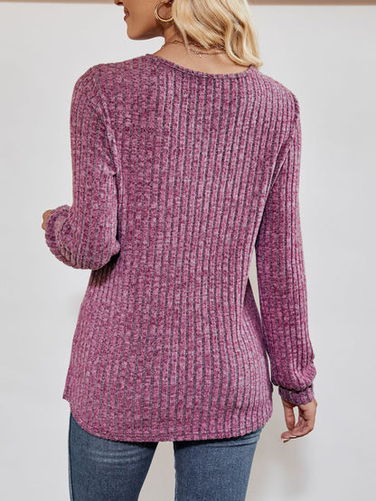 Ribbed long-sleeve V-neck top for women -2