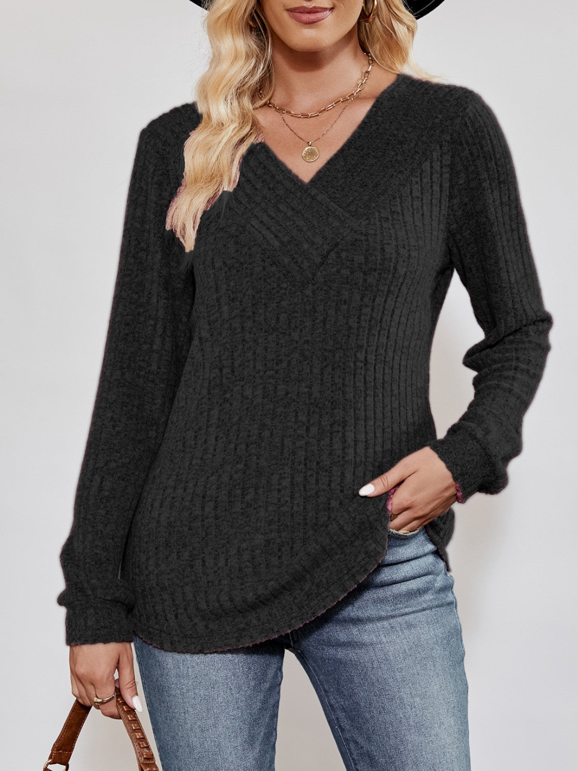 Ribbed long-sleeve V-neck top for women -11