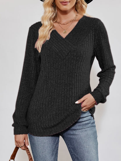 Ribbed long-sleeve V-neck top for women -11