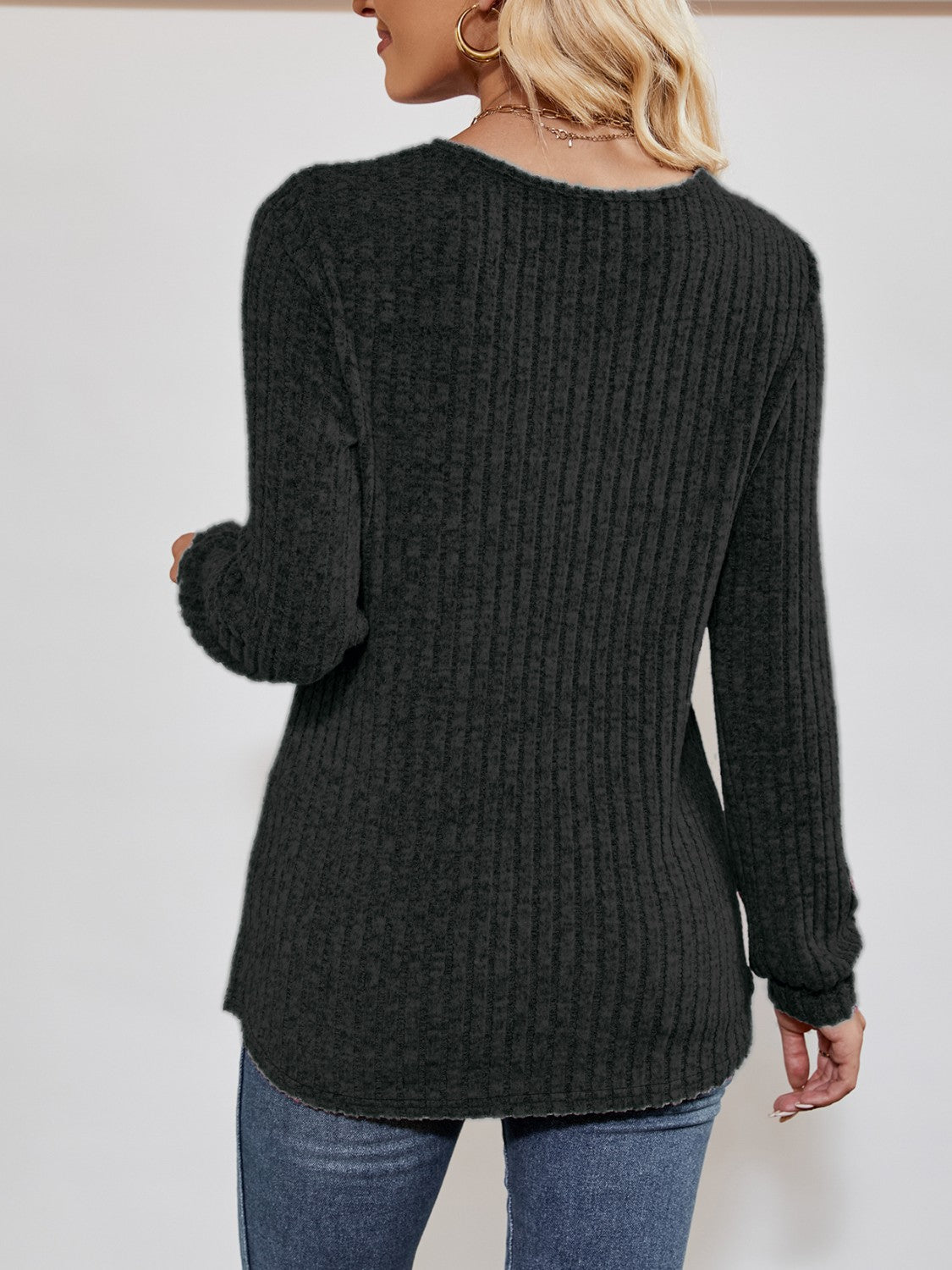 Ribbed long-sleeve V-neck top for women -14