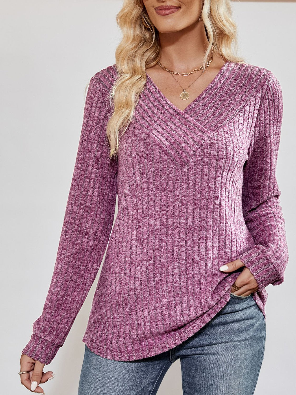 Ribbed long-sleeve V-neck top for women -4