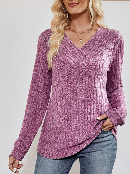 Ribbed long-sleeve V-neck top for women -4