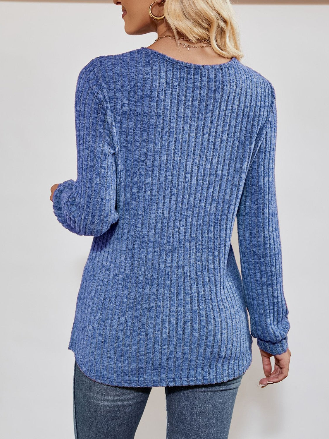Ribbed long-sleeve V-neck top for women -7