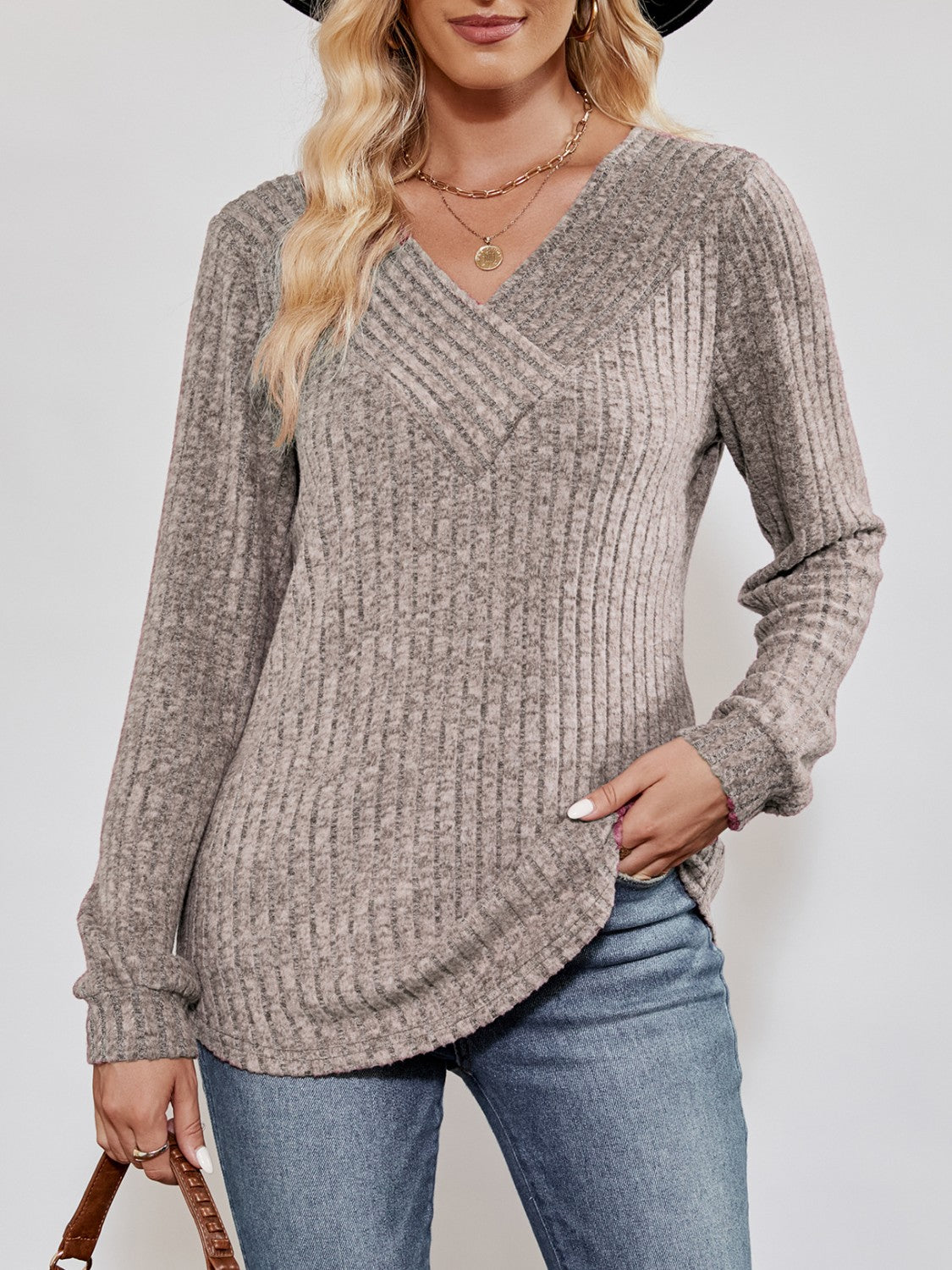 Ribbed long-sleeve V-neck top for women -8